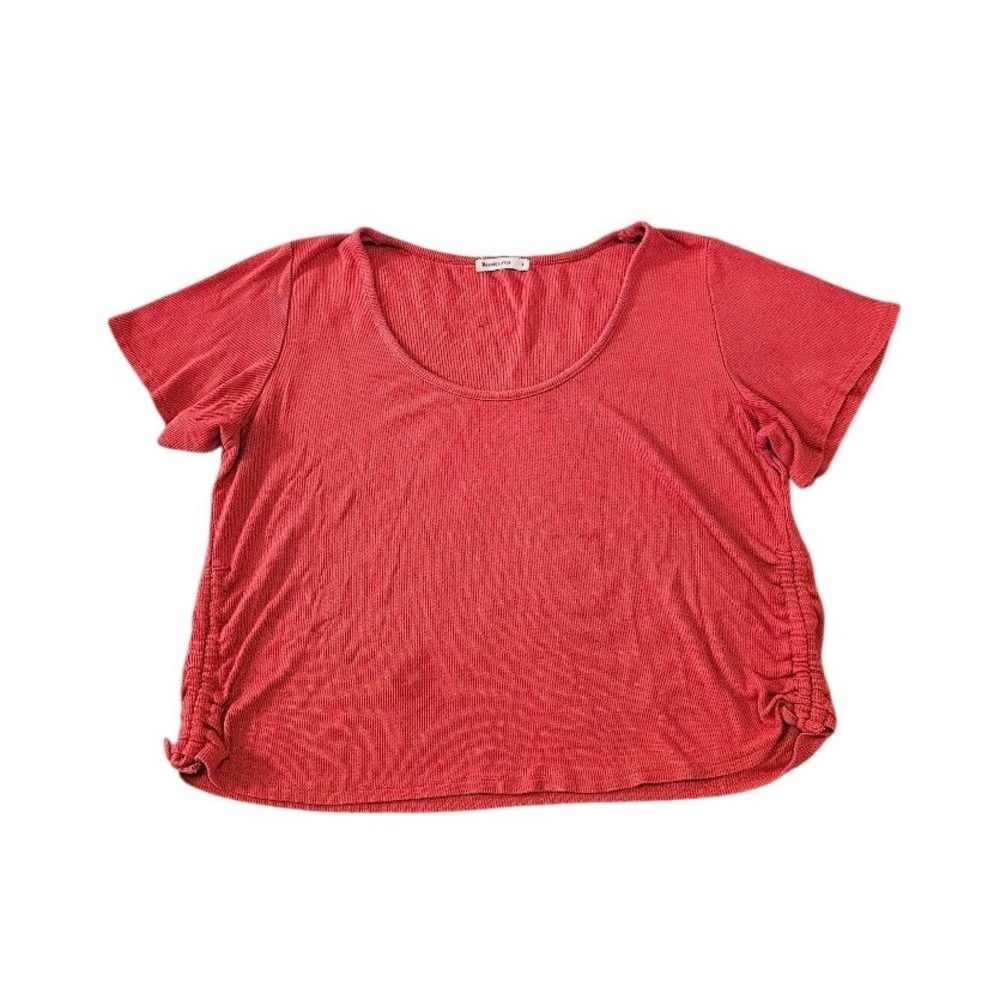Marine Layer Top Womens Large Red Ribbed Scoop Neck Ruched Side Short Sleeve